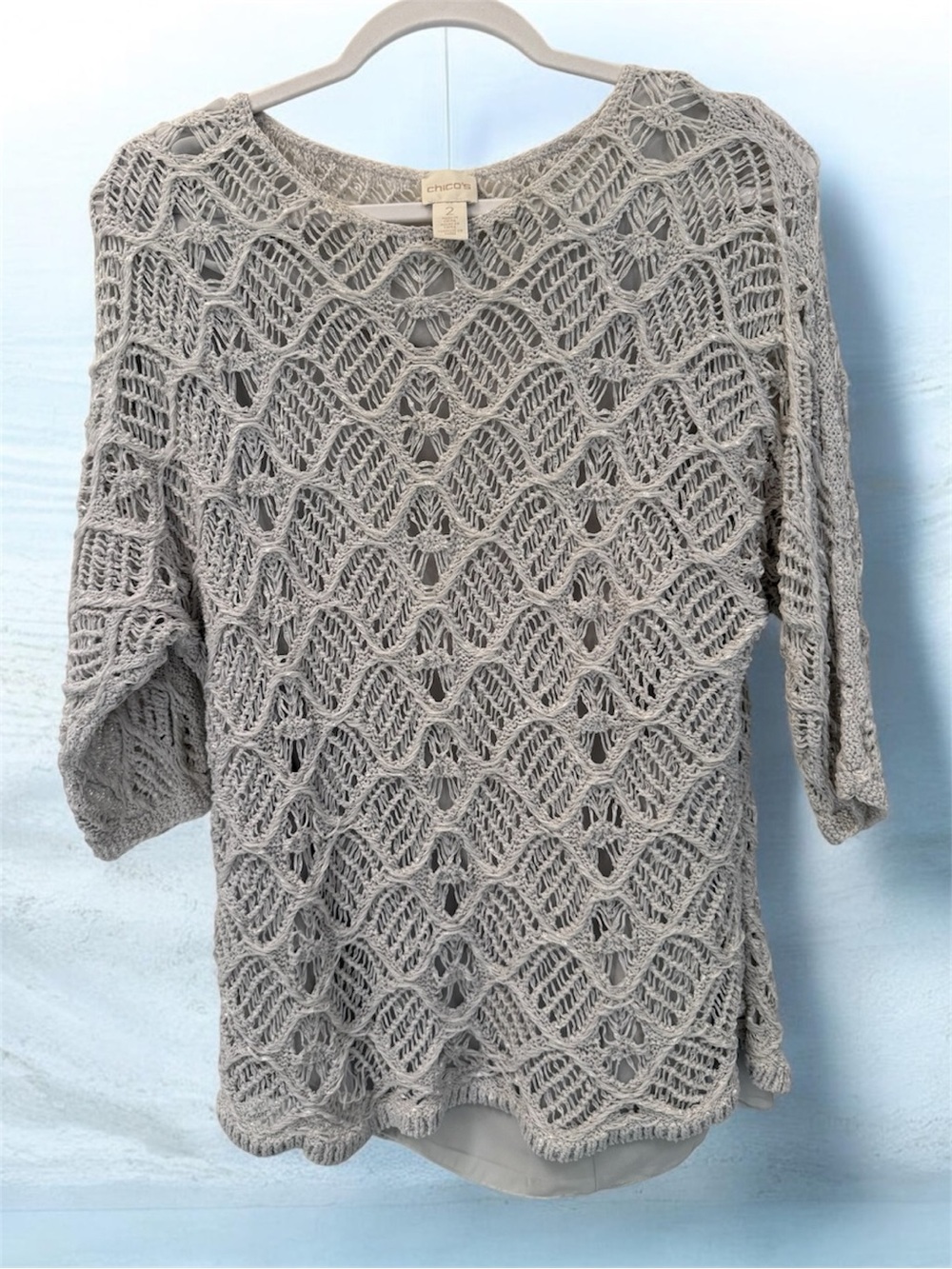 Chicos Womens Coastal Beachy Sweater 2 US L Open Knit Silver Gray Cotton Chiffon